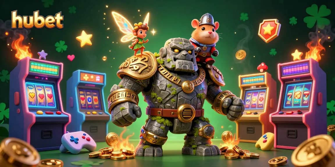 Spin slots and win jackpots at hubet with an epic golem guardian and magical fairy.