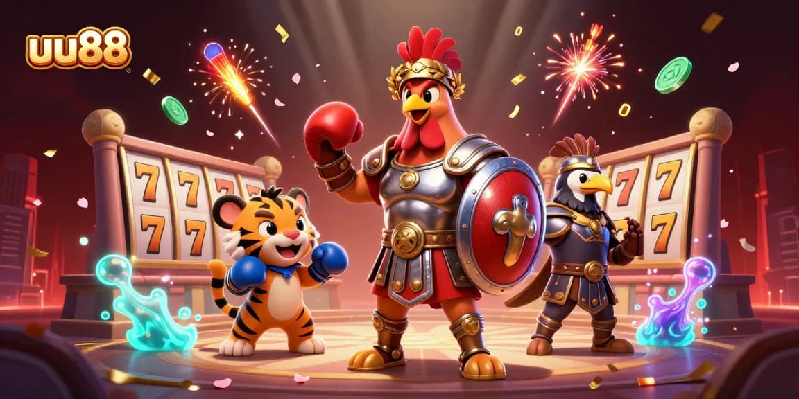 Play with excitement at uu88 featuring a dynamic illustration of a gladiator rooster and gaming elements.