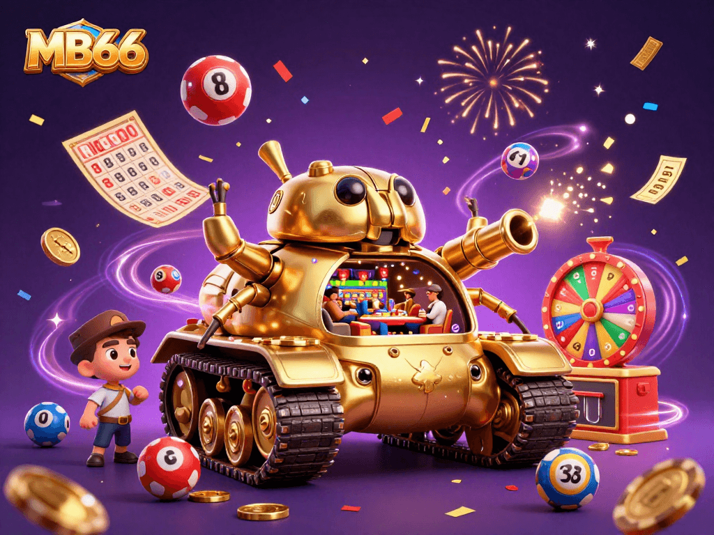 Experience the thrill of MB66's vibrant casino environment with a golden beetle tank revealing gaming wonders.