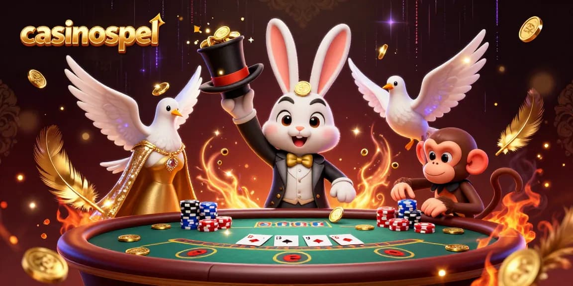 Casinospel met een tovenaar konijn die gouden munten trekt, omringd door pokertafels en nationale elementen