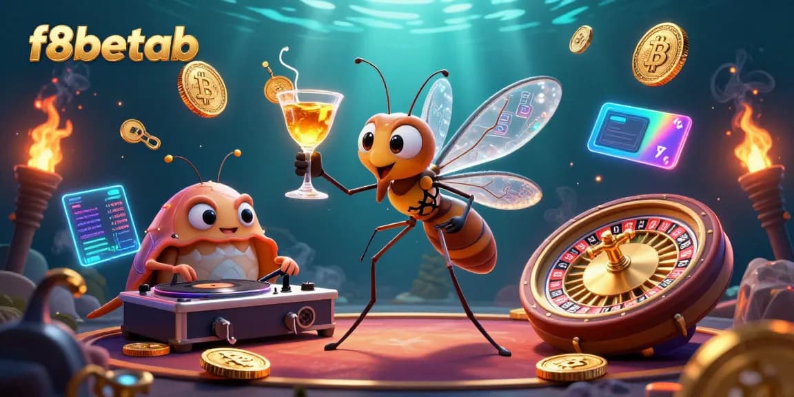 Engage with f8betab's vibrant casino scene featuring unique characters and neon crypto elements.