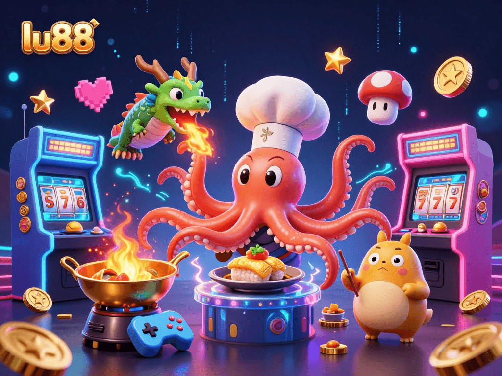 Experience thrilling gameplay with lu88 featuring a dynamic scene of a sushi chef octopus, dragon, and tanuki in a vibrant casino.