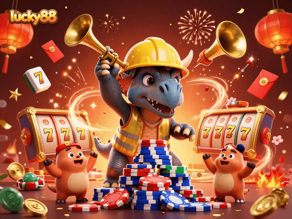 Experience the thrill of lucky88 with a lively 3D casino scene featuring cartoon dinosaurs, slot reels, and colorful game elements.