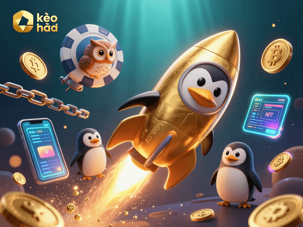Experience exciting kèo nhà cái action with a golden penguin in a casino-themed cosmic adventure.