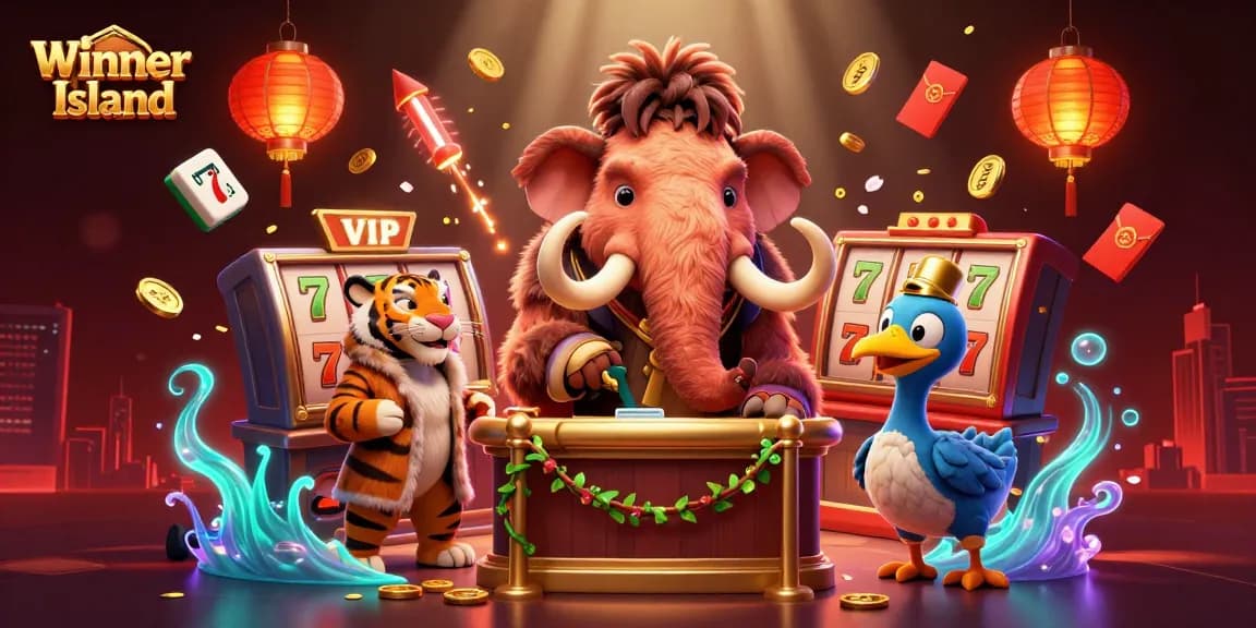 Play thrilling games at Winner Island Casino featuring slots and jackpots in a vibrant 3D illustration.