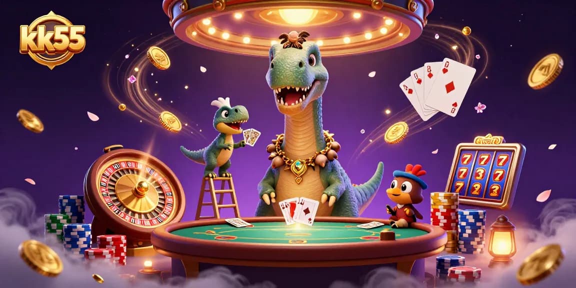 kk55 casino scene with a giant brontosaurus and clever raptor dealing cards amidst flying coins.