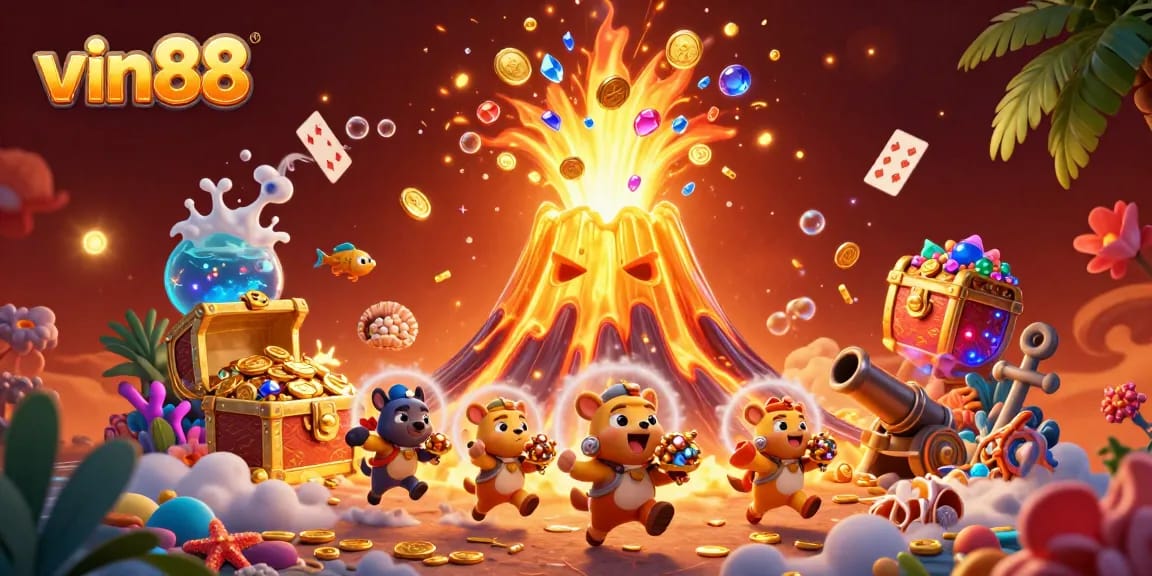 vin88 players diving into treasure with erupting volcano and lively casino elements, enhancing gaming experience