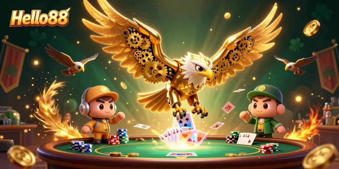 Experience thrilling poker wins at Hello88 with an engaging 3D illustration of a cybernetic eagle.
