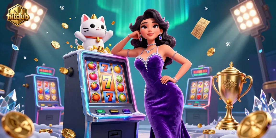 Hitclub's vibrant scene showcases a glamorous woman on a jackpot slot machine with illuminated casino elements.