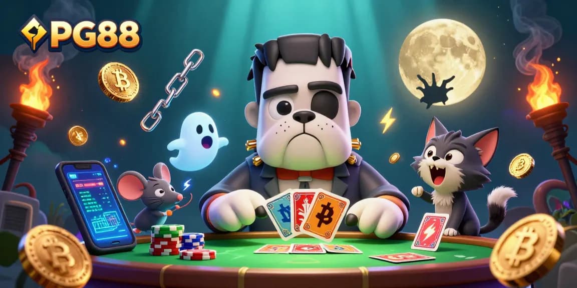 Engage with PG88 as Frankenstein bulldog deals cards at a spooky casino scene featuring vibrant crypto elements.