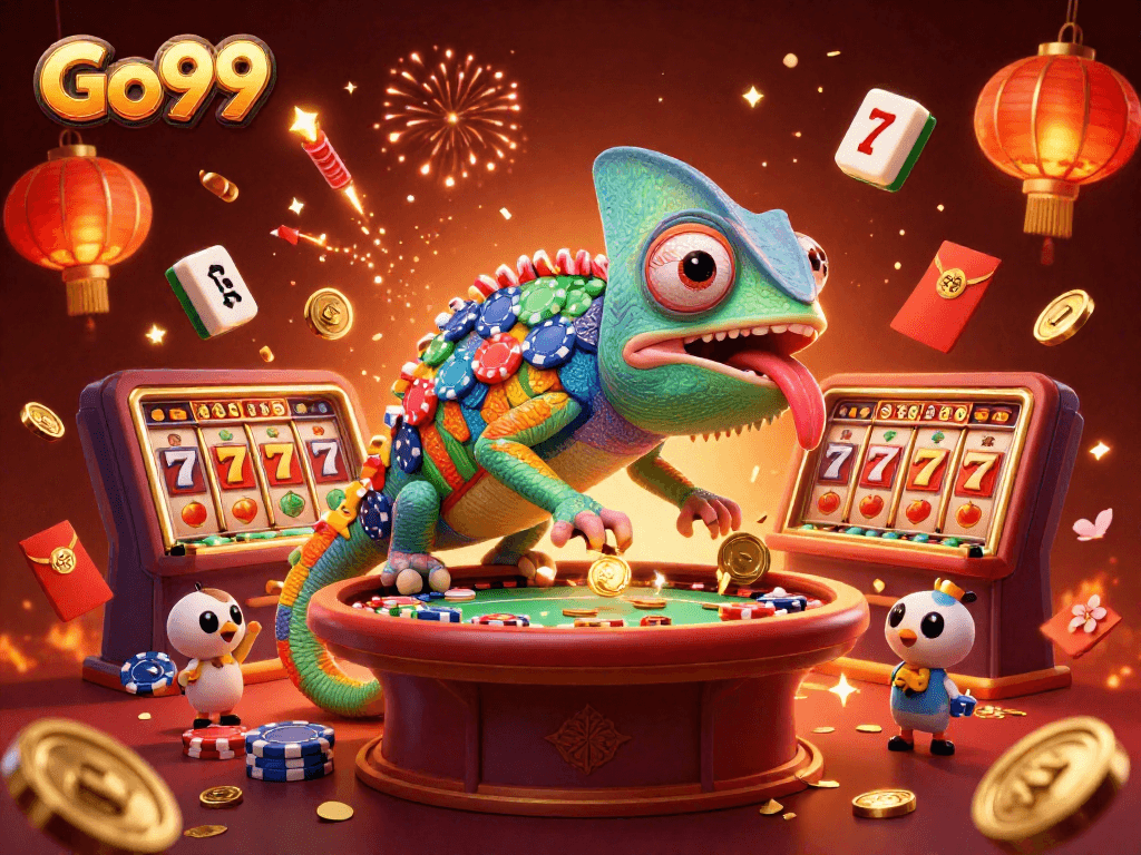 Engage with Go99's vibrant casino scene featuring dynamic gaming elements and a colorful chameleon owner.