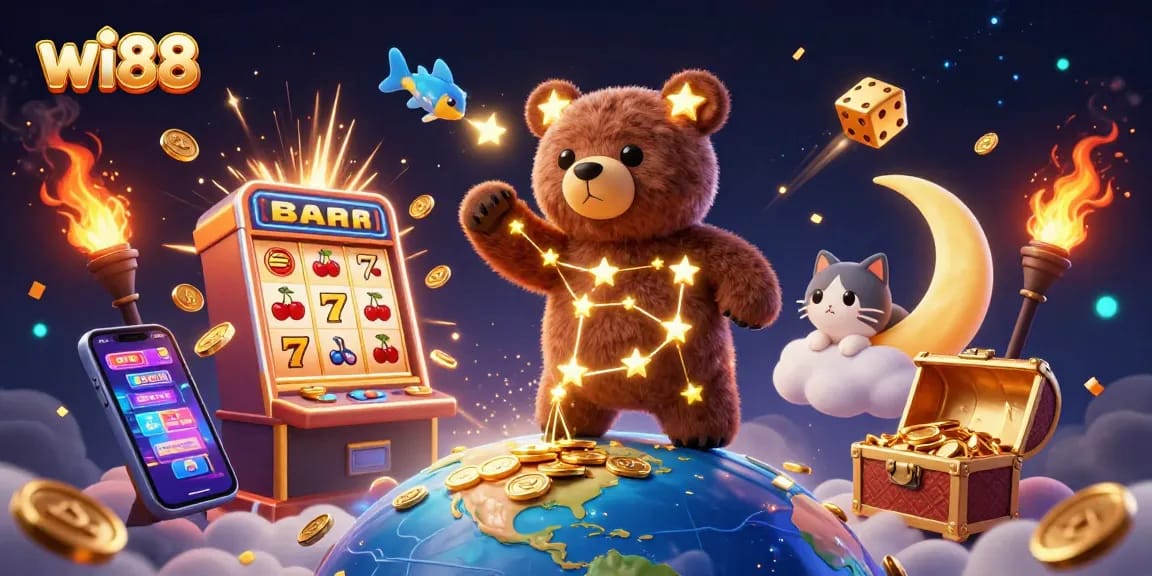Win big with wi88 as the constellation bear scoops coins amidst vibrant casino elements.