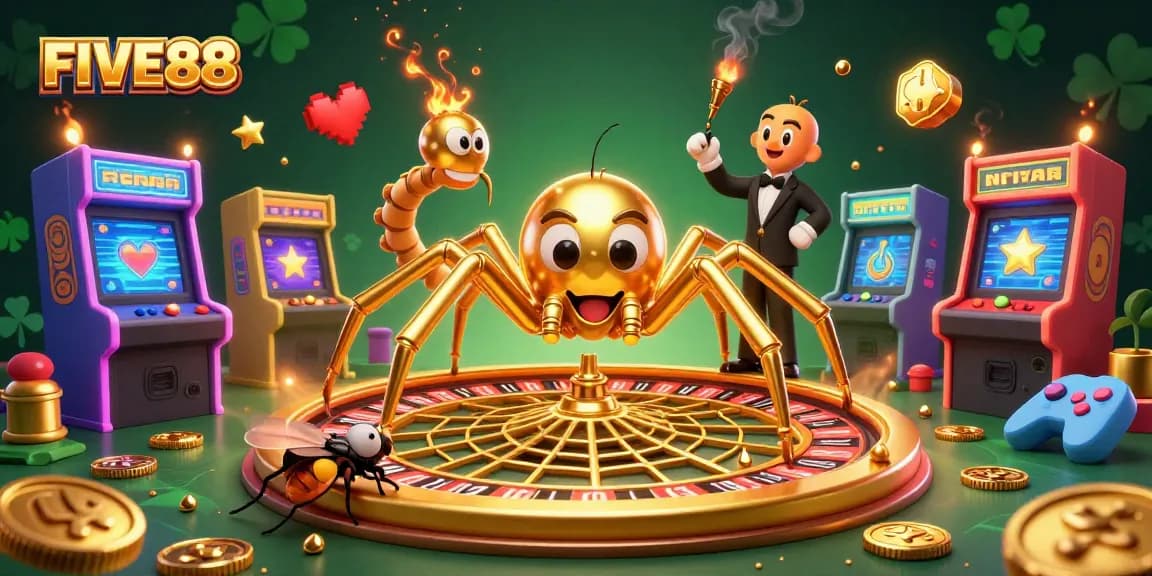 FIVE88 gaming experience with a golden spider, a fly betting, and a centipede croupier in a vibrant casino scene