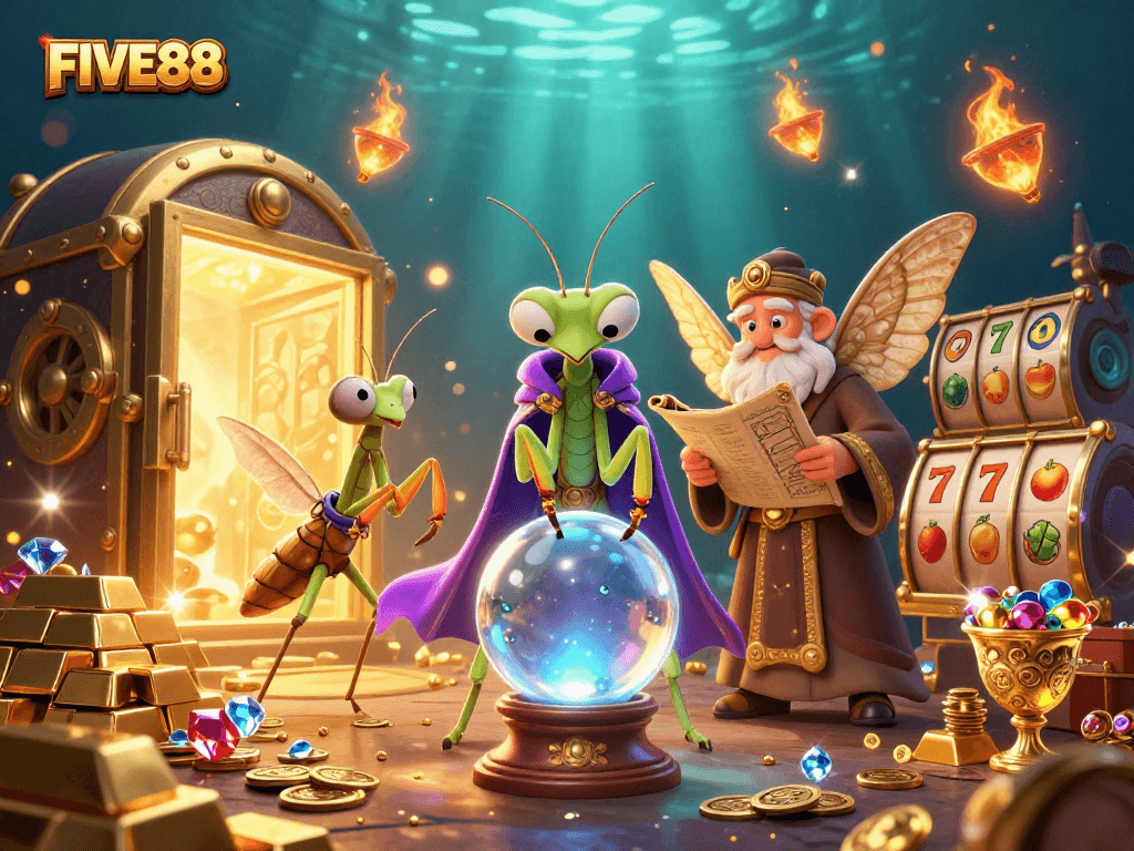 Experience the magic of FIVE88 slots with captivating golden treasures and whimsical characters in an enchanting scene.