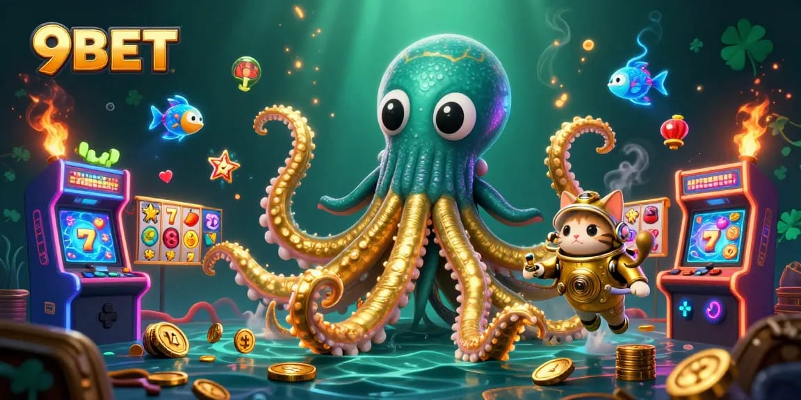 Experience thrilling gameplay with 9BET, featuring a lively kraken and vibrant slot elements.