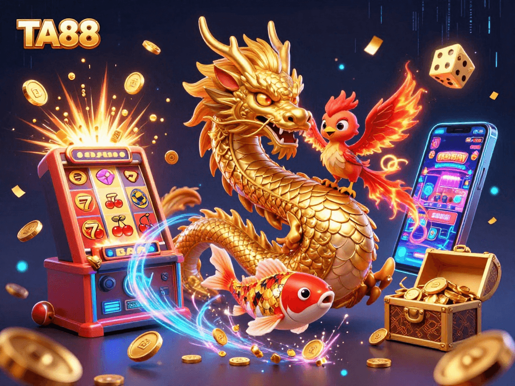 Experience thrilling gameplay with TA88: Chinese dragon, phoenix, and koi fish amidst jewel-filled slots.