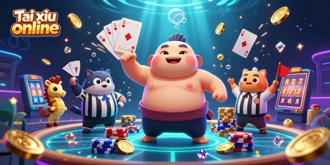 Join Tai xiu online with a vibrant illustration showcasing a fugu in a sumo belt surrounded by dazzling casino elements.