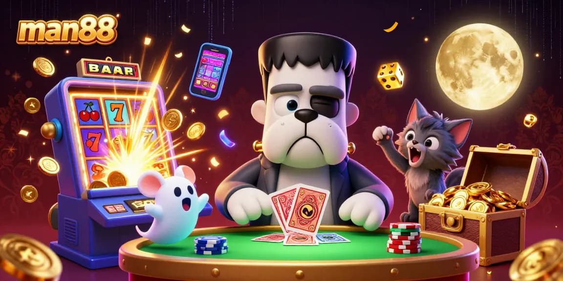 Experience thrilling gaming options at man88, featuring a vibrant casino scene with unique characters.
