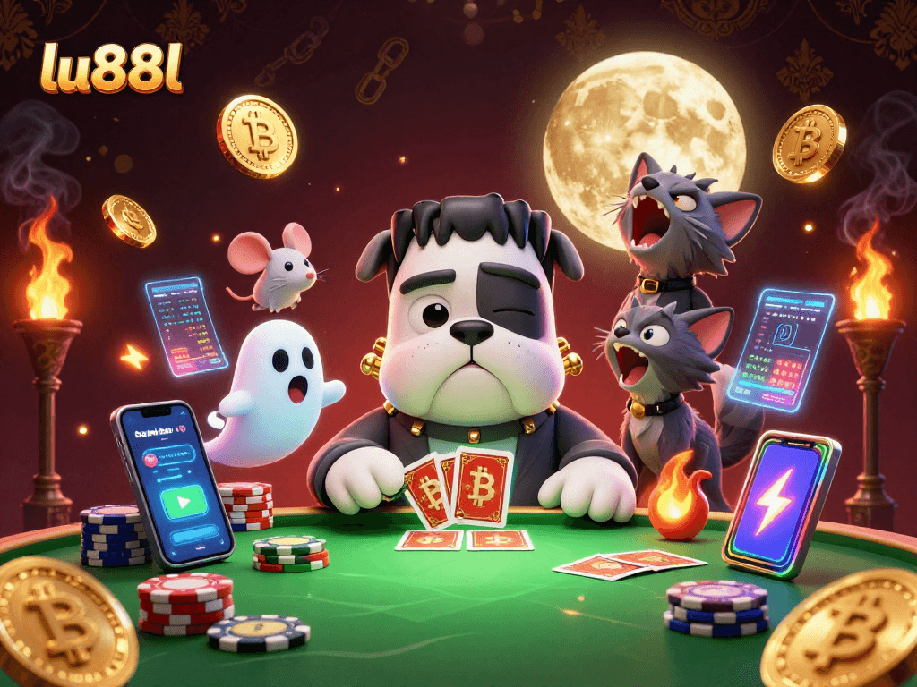 lu88l showcases a vibrant cartoon scene with a bulldog monster dealing cards at a casino table