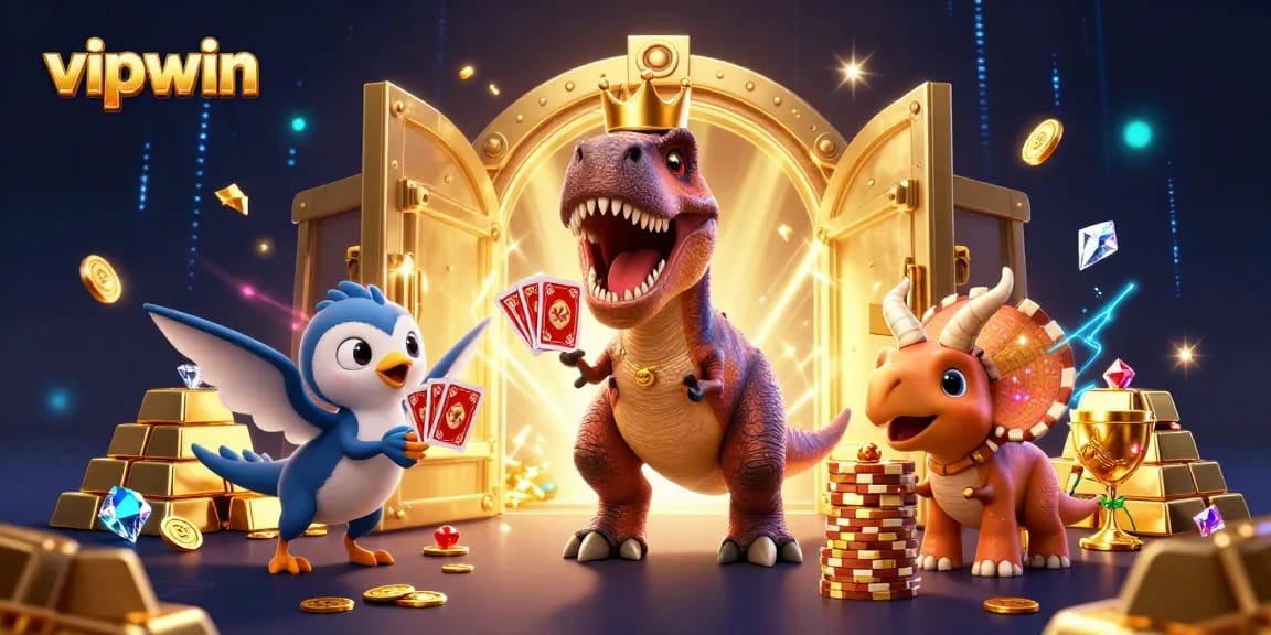 Experience thrilling action at vipwin with playful T-Rex and friends in a vibrant casino world.