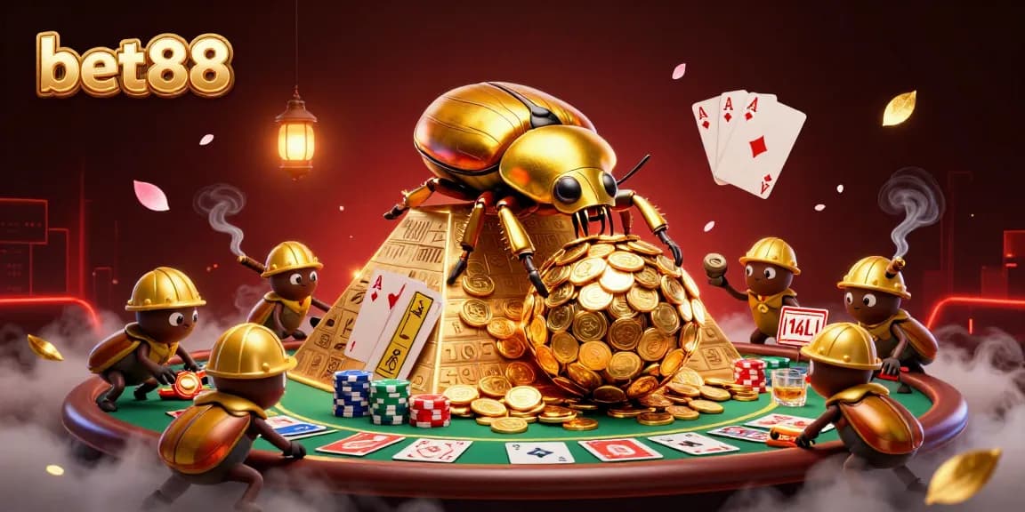 Bet88 beetle rolls golden coins amidst poker elements in a vibrant casino scene.