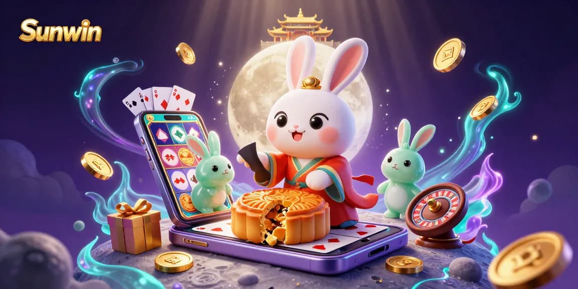 Sunwin players win big with dazzling slot games and golden mooncakes in a vibrant casino fantasy.