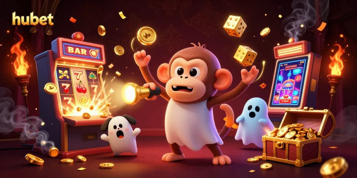 Experience the thrilling hubet casino atmosphere with a lively monkey and ghost-hunter puppy amid golden treasures and slots.