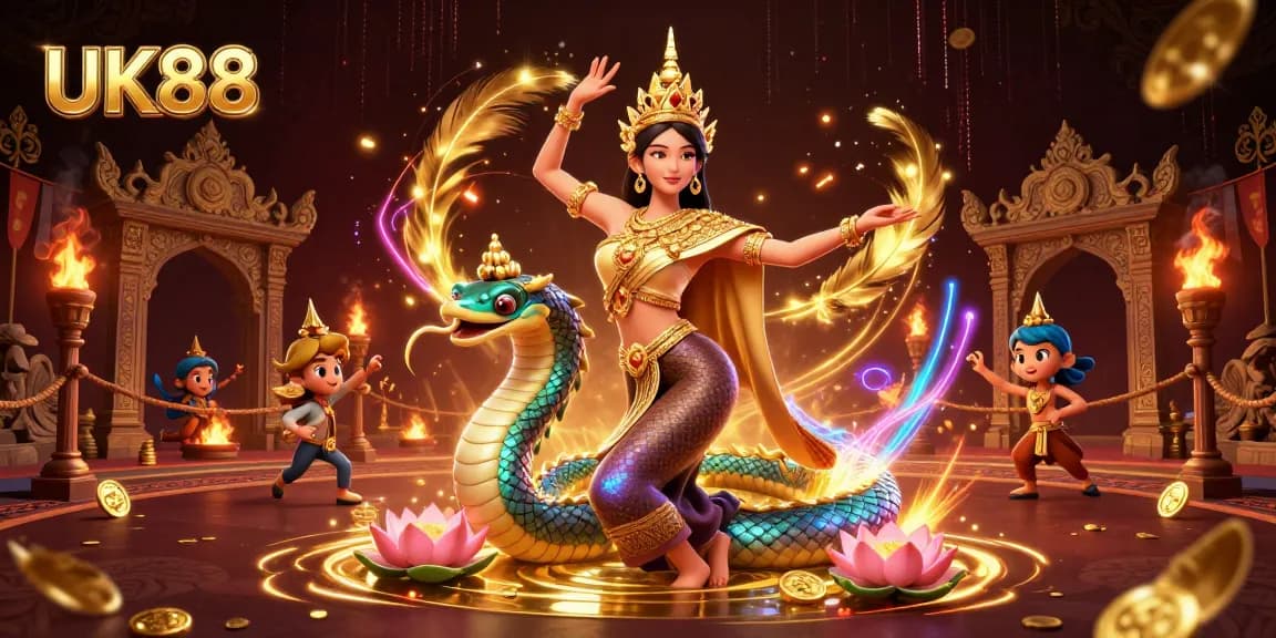 Experience the thrilling action of UK88 with vibrant dance and a colorful Naga serpent.