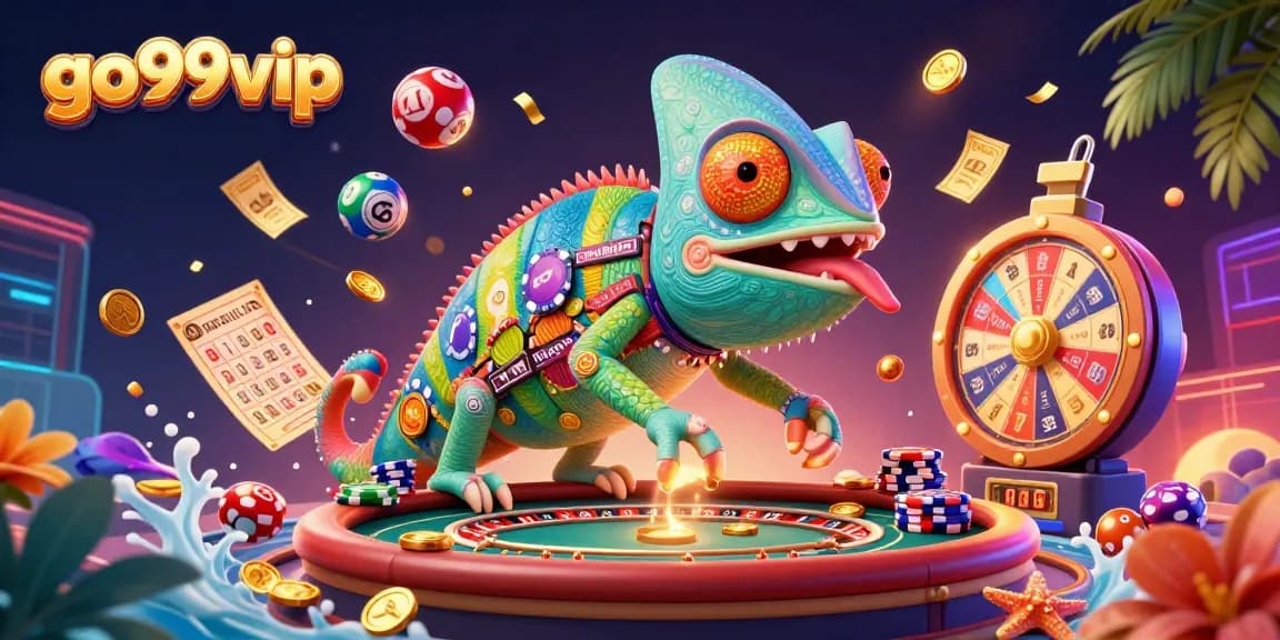 Experience the excitement of go99vip with a vibrant casino scene featuring a chameleon owner and dynamic game elements.
