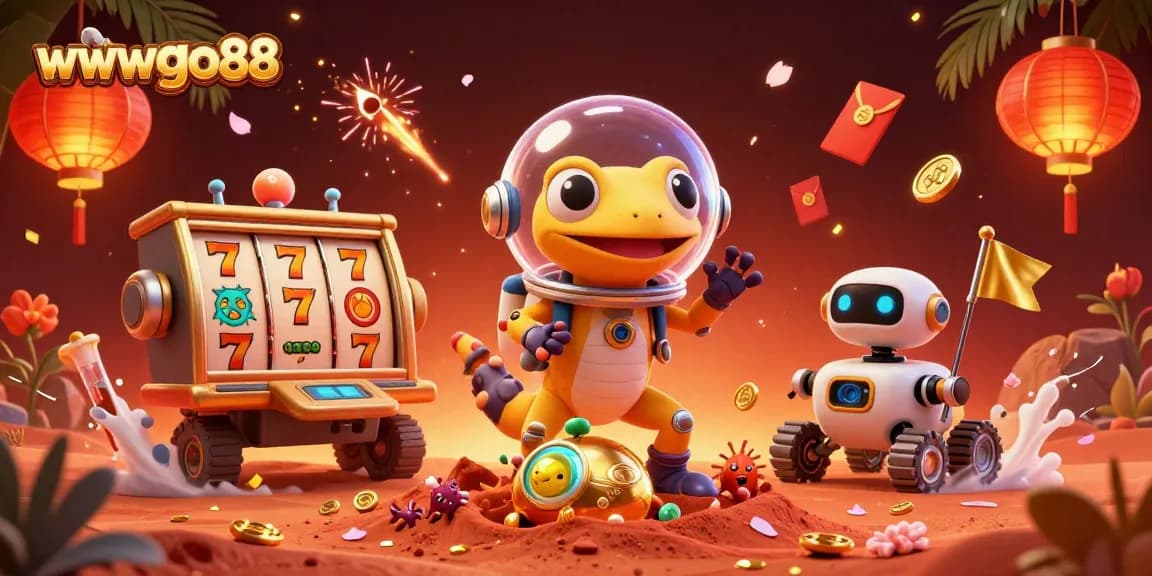 Experience exciting wins with wwwgo88, illustrated scene of a cartoon gecko finding a golden casino.