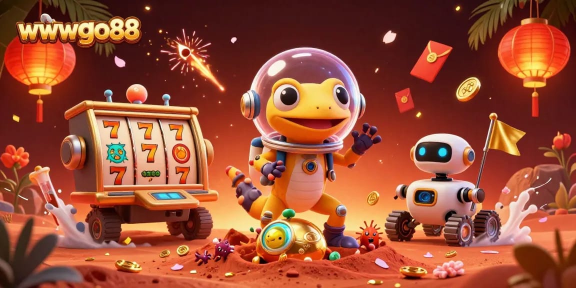 Experience exciting wins with wwwgo88, illustrated scene of a cartoon gecko finding a golden casino.