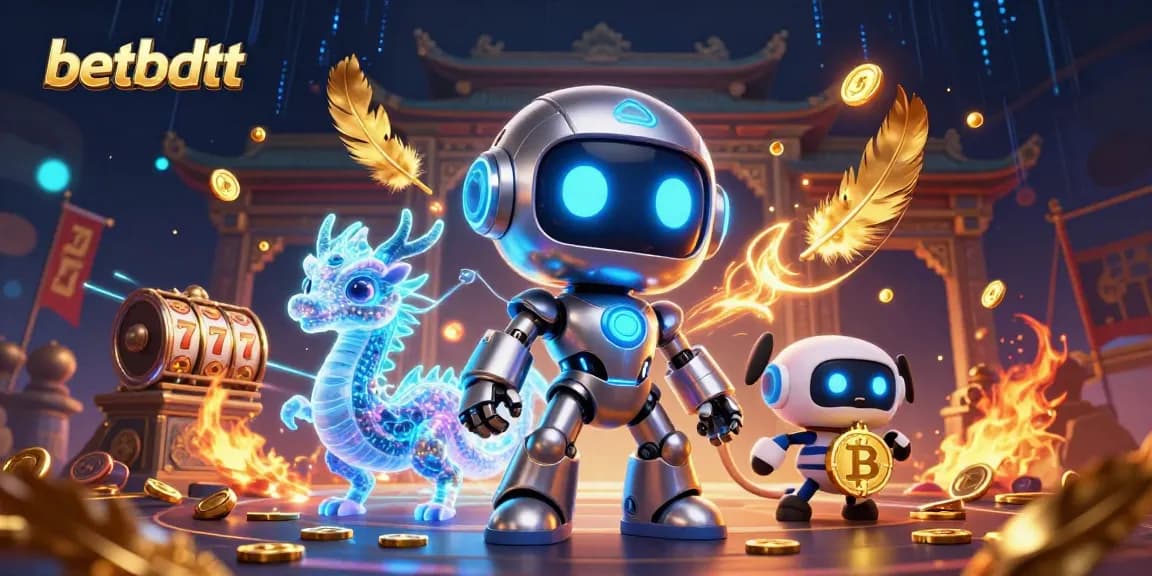 betbdtt showcases an immersive 3D casino world with a cyberpunk robot and dragon companions.