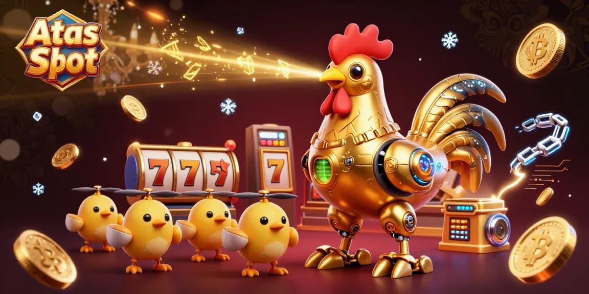 Engage with Atas Slot's dynamic gaming experience featuring golden rooster robot and baby chick drones.