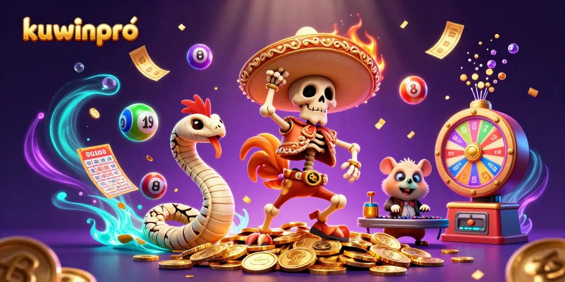 Kuwinpro features a vibrant scene with a dancing skeleton rooster and fortune elements, showcasing excitement in gaming.