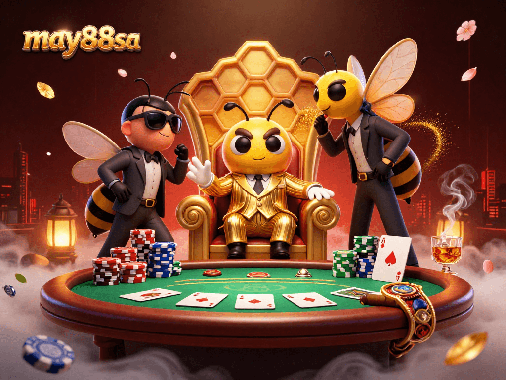 Engaging scene of may88sa casino featuring cartoon mob boss in poker throne with vibrant, interactive gambling elements.