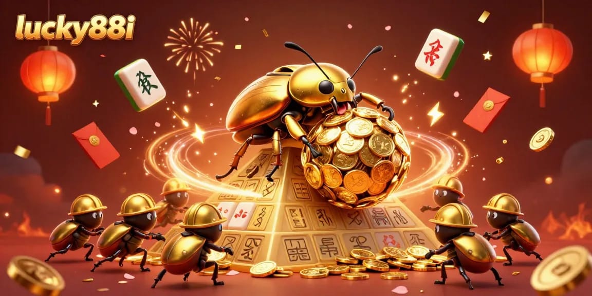 Experience thrilling gameplay with lucky88i as golden beetles pursue big wins amongst a vibrant casino scene.