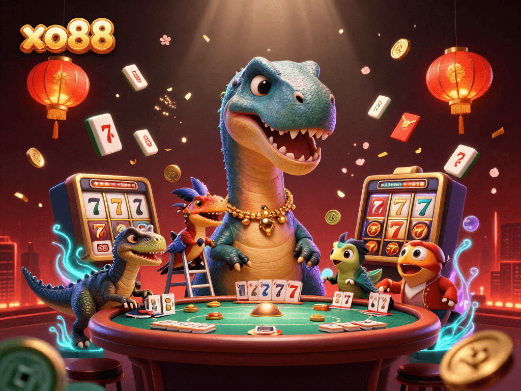 Experience thrilling moments at xo88 with a brontosaurus overseeing a lively poker game, surrounded by festive casino elements.