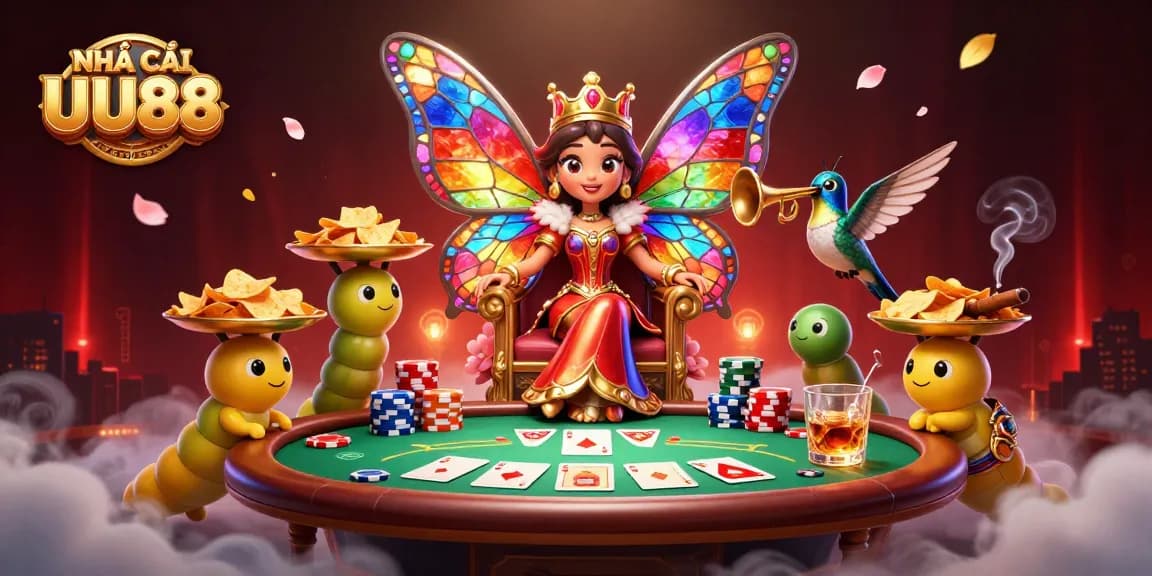 Experience thrilling games at NHÀ CÁI UU88 with vibrant 3D casino illustration and exciting poker elements.