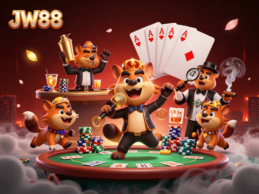 JW88 hyenas comedy casino scene featuring a bartender, bouncer, and comedian in action.