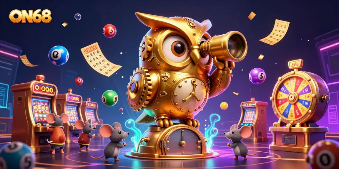ON68's captivating winnings illustrated with vibrant casino themes featuring a charming owl and playful mice.