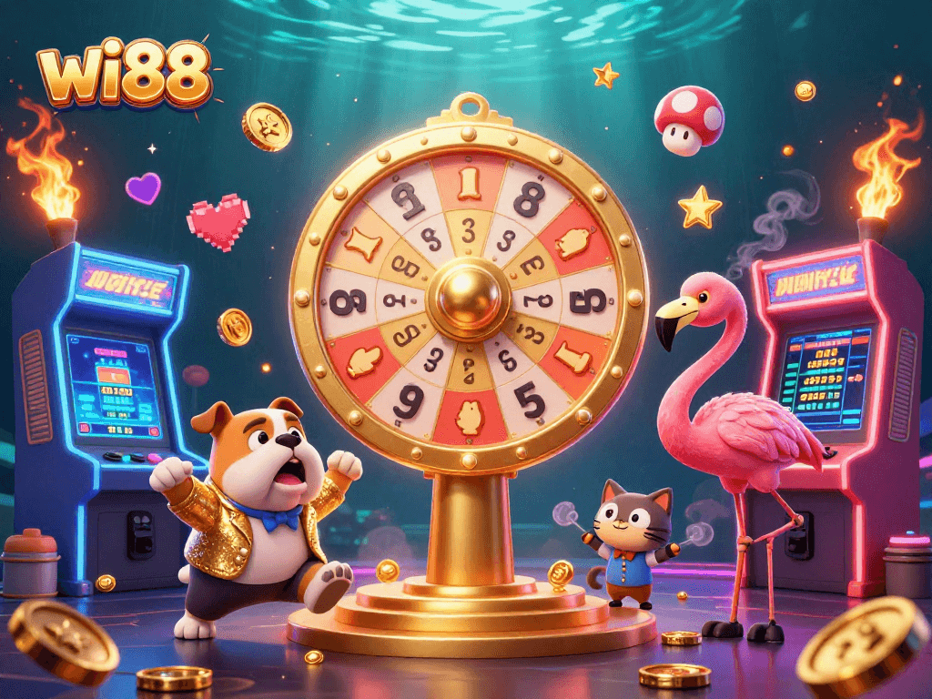 Engaging scene of wi88 featuring a flamingo host, bulldog contestant, and scoreboard cat illustrating a colorful game experience.