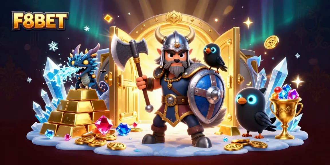 Join the excitement of F8BET with a heroic Viking wolf warrior and treasure in this vibrant scene.
