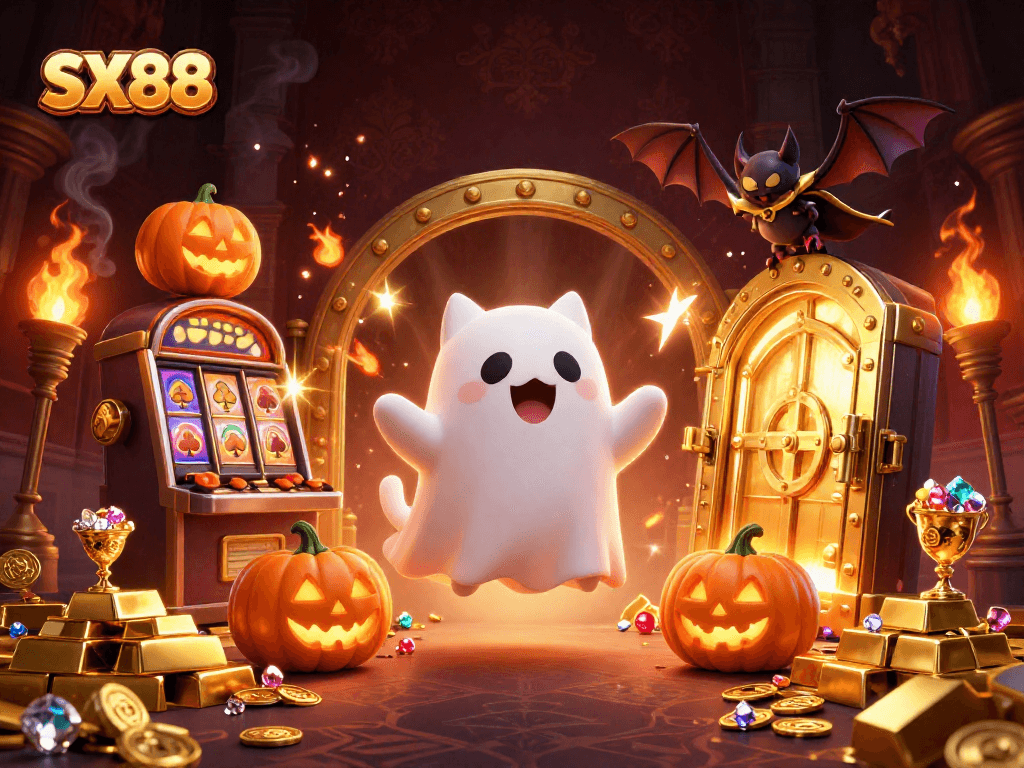 SX88 ghost cat and vampire bat explore a haunted casino, surrounded by shining treasures.