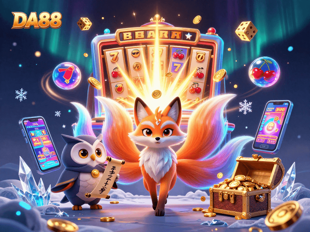 Experience the thrill of DA88 with a vibrant 3D casino scene featuring a glowing fox spirit and slot machine jackpot.