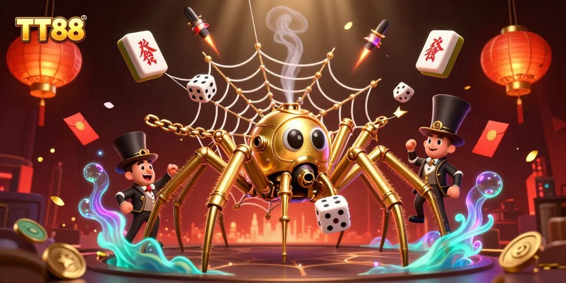 Experience TT88 with a steampunk spider amidst vibrant gambling elements, capturing the thrill of the game.