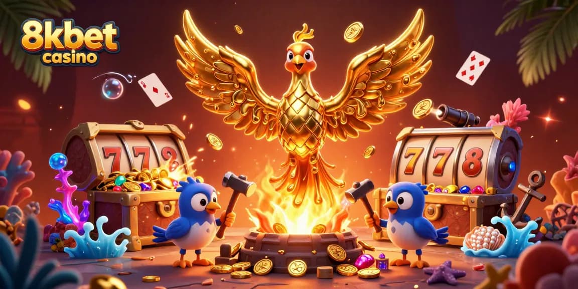Engage with 8kbet casino through vibrant 3D illustration showcasing dynamic gaming elements and thrilling action.