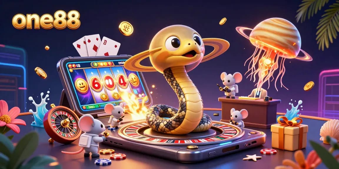 Engaging scene with one88's Saturn snake and cosmic elements in an animated casino setting.