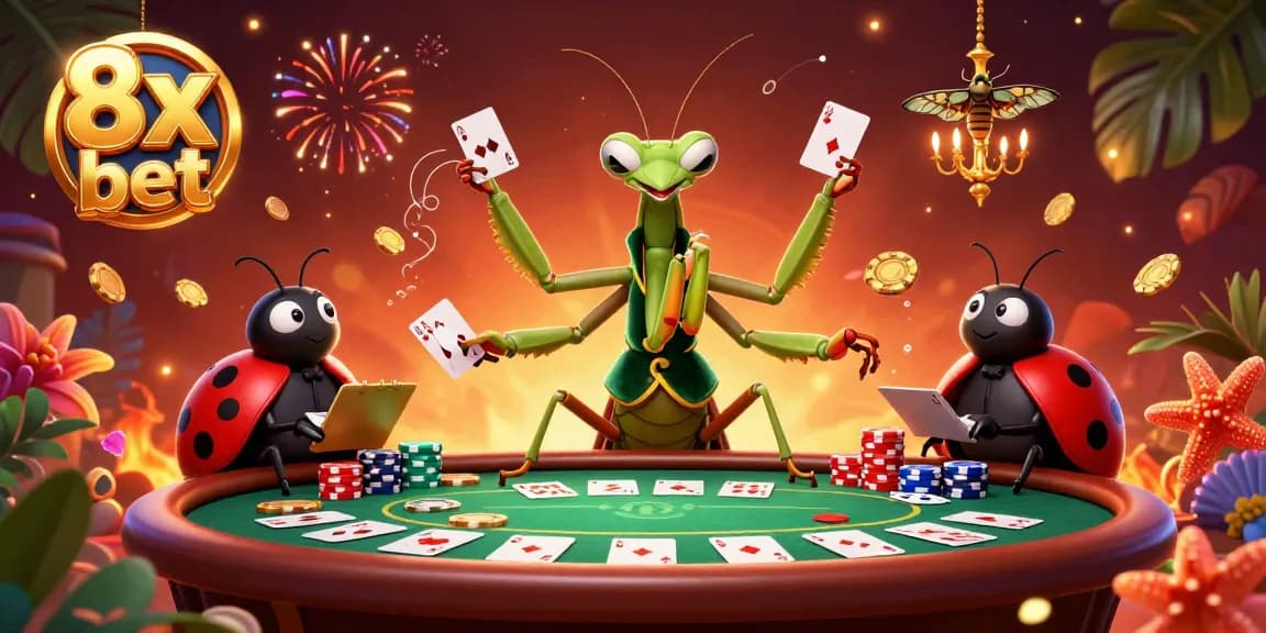 Experience the thrill of 8x bet with a vibrant casino scene featuring a giant mantis card sharp and a ladybug pit boss.