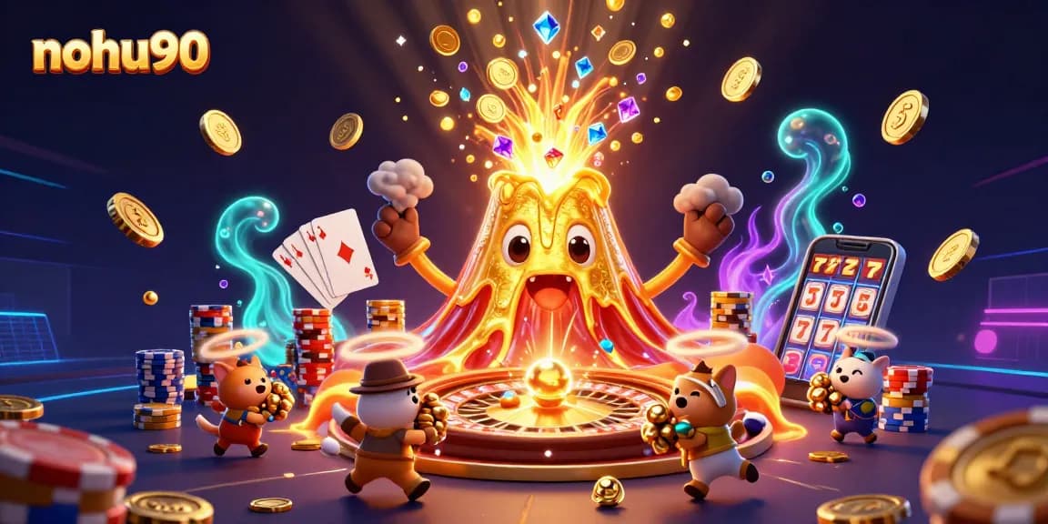 Nohu90 showcases a triumphant golden volcano erupting coins, gems, and treasure in a vibrant casino-themed scene.