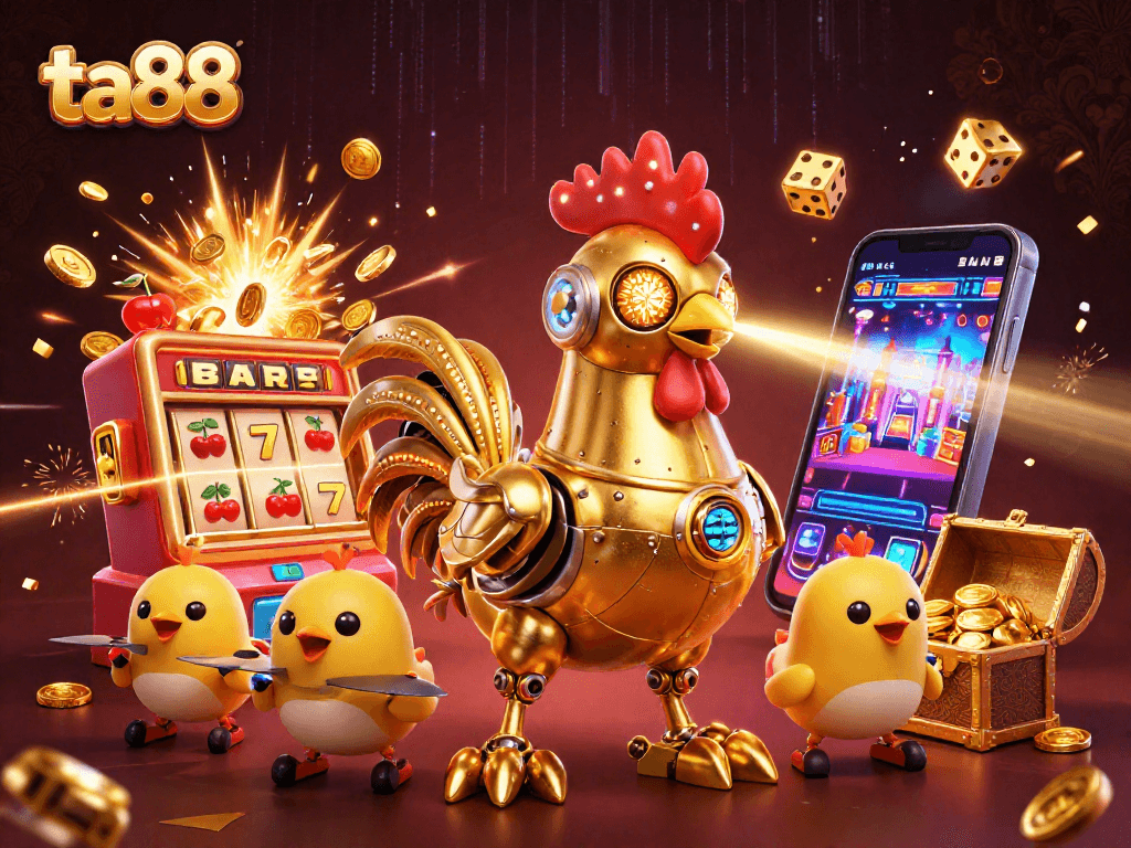 Experience thrilling moments at ta88 with a golden rooster robot and baby chick drones in a vibrant casino scene.
